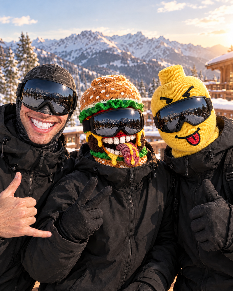 Trois amis au ski avec des cagoules de ski drôles GIVRACE