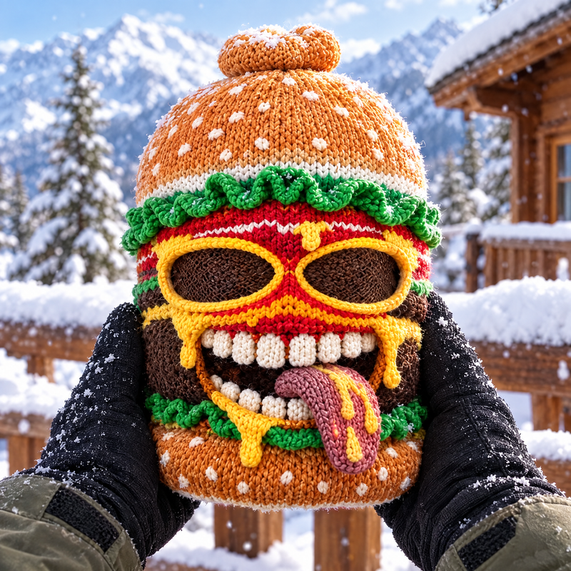 Gros plan d'une cagoule de ski burger Casse-Croûte