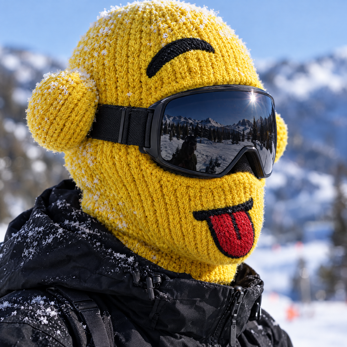 Cagoule de ski jaune Figurine portée avec des lunettes de ski