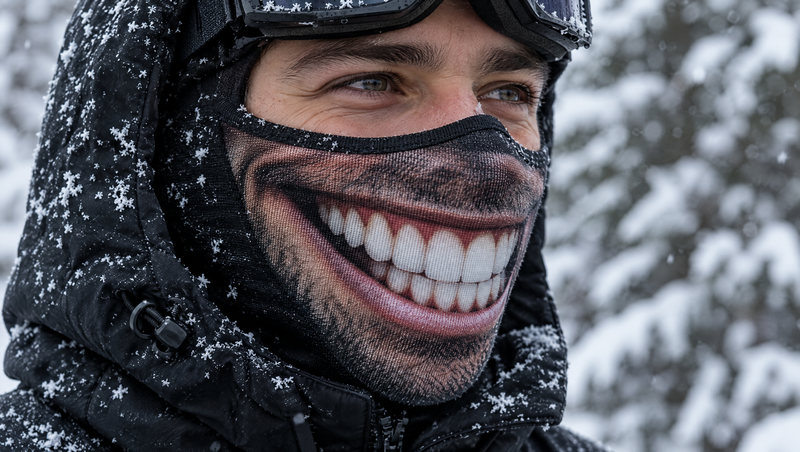 Gros plan d'une cagoule de ski Sosie à visage imprimé, sourire XXL