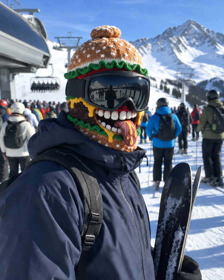 Le même skieur avec une cagoule de ski burger Casse-Croûte