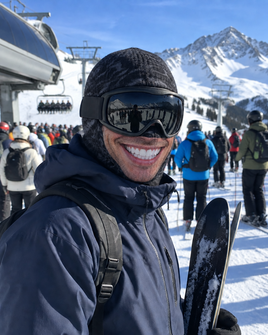 Le même skieur avec une cagoule de ski Sosie à visage imprimé