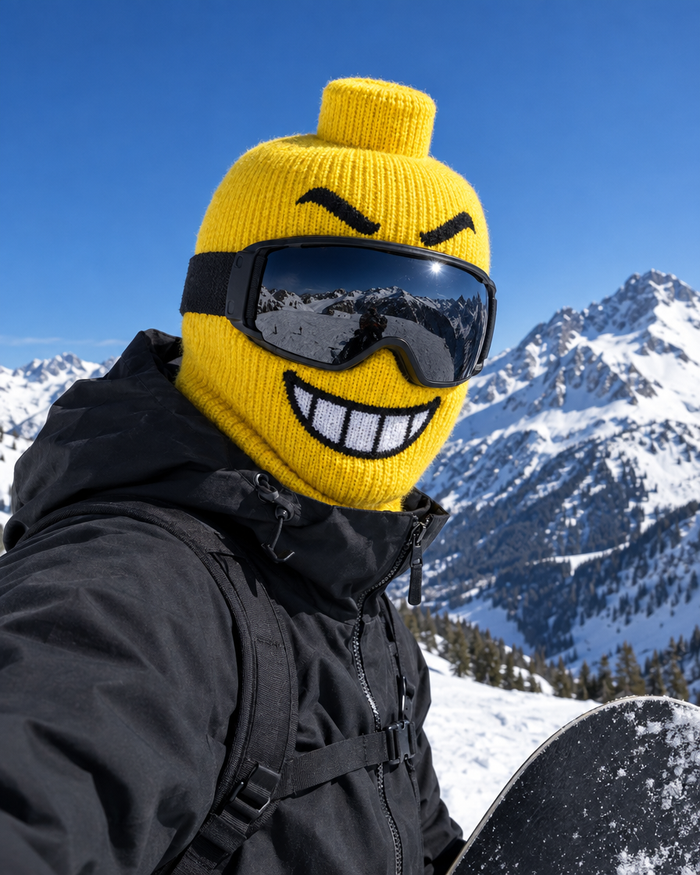 Cagoule de ski jaune Figurine, motif Le Grand Rire, portée avec un masque de ski