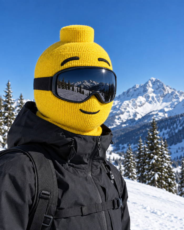 Cagoule de ski jaune Figurine, motif Le Sourire Tranquille, portée avec un masque de ski