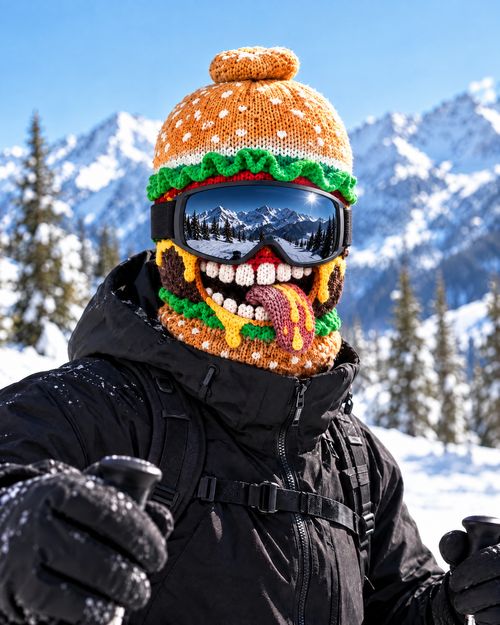 Cagoule de ski burger Casse-Croûte portée avec un masque de ski