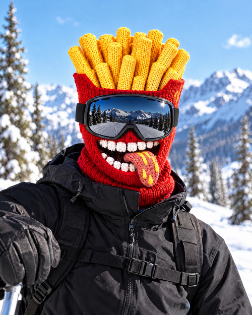 Cagoule de ski frites Casse-Croûte portée avec un masque de ski