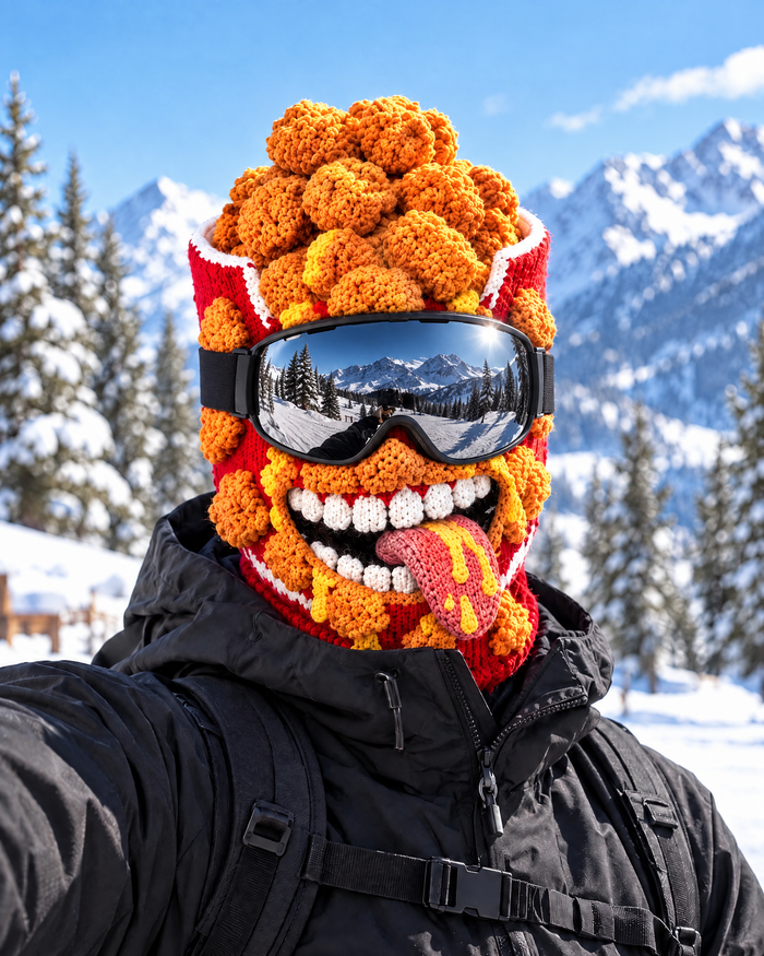 Cagoule de ski pop-corn Casse-Croûte portée avec un masque de ski